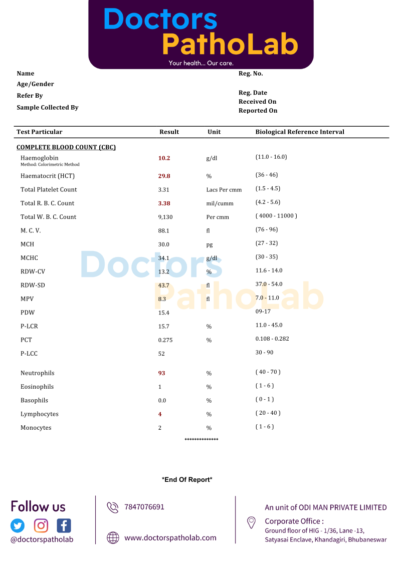 Generic CBC report of Doctors Patholab